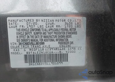 2020 Nissan Versa S Xtronic Cvt z USA, uszkodzony, nr VIN 3N1CN8DV5LL901099